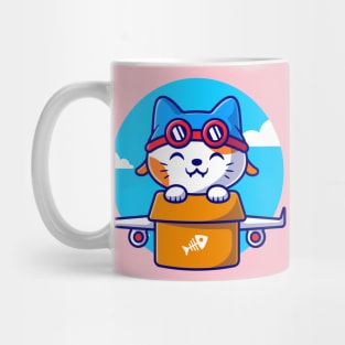 Cute Cat Flight With Cardboard Plane Cartoon Mug